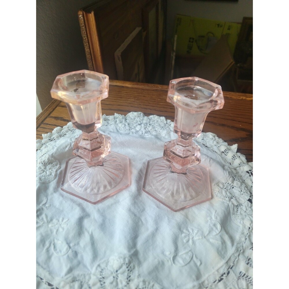 Vtg Depression Glass Pair of Dark Rose Pink Candlestick Holders  5" Tall '30s